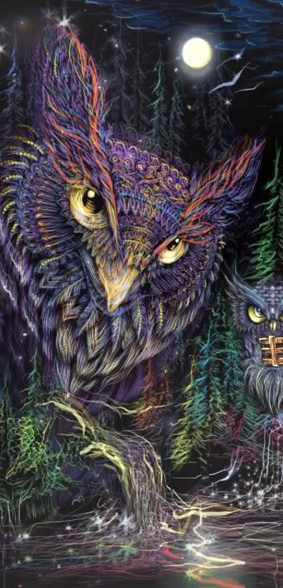 Mystical owl wallpaper with vibrant forest and night sky.