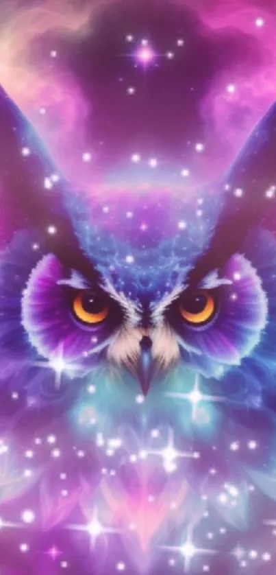 Mystical owl with galaxy background and vibrant purple hue.