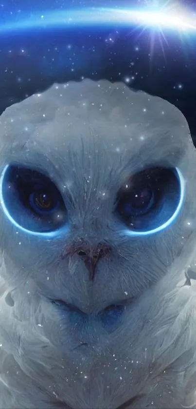 Ethereal white owl with glowing eyes against a starry galaxy background.