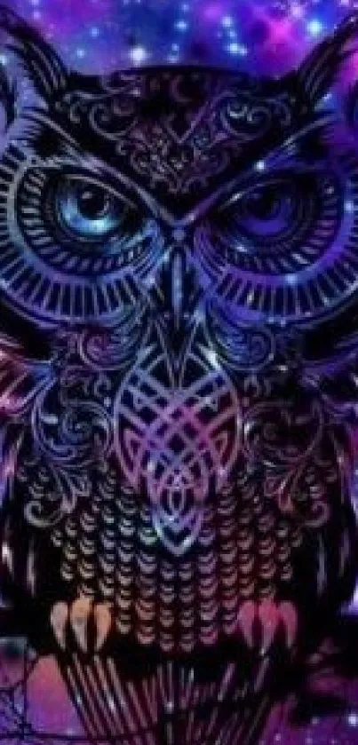 Intricate owl design against a vibrant galaxy background.