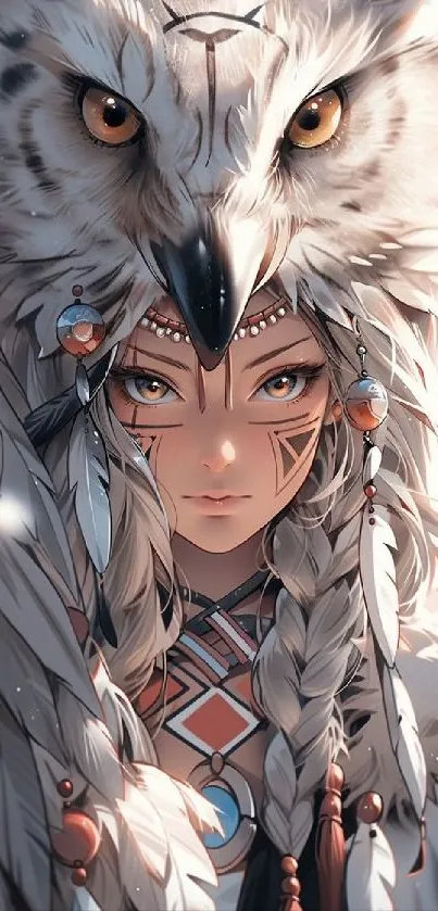 Mystical warrior with owl headpiece illustration.