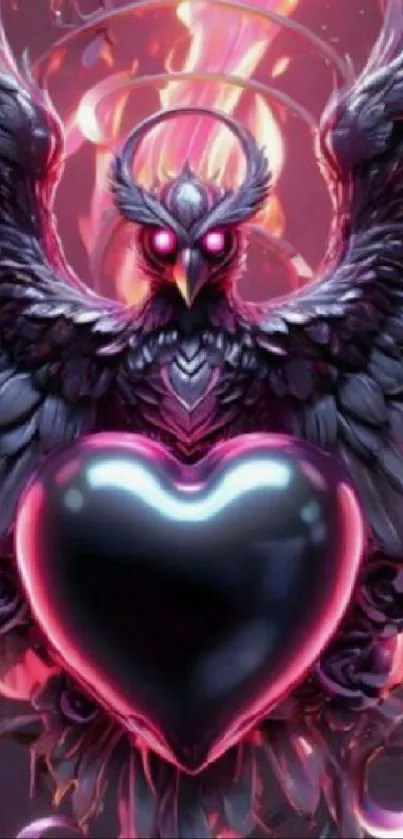 Mystical owl with a dark heart and glowing pink accents.