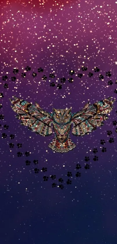 Mystical owl heart with purple sky background.