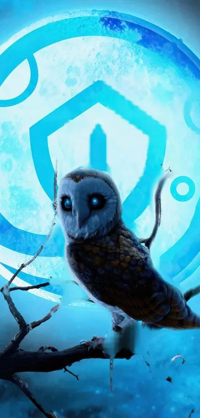 Mystical blue owl glowing in surreal mobile wallpaper scene.