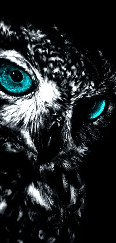 Mystical owl with turquoise eyes set against a dark, mysterious background.