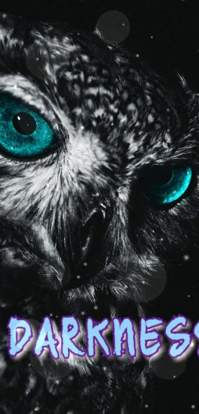 Mystical owl with glowing cyan eyes in darkness.