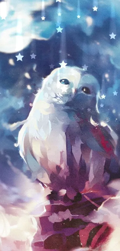 Mystical owl perched under dreamy, ethereal skies.