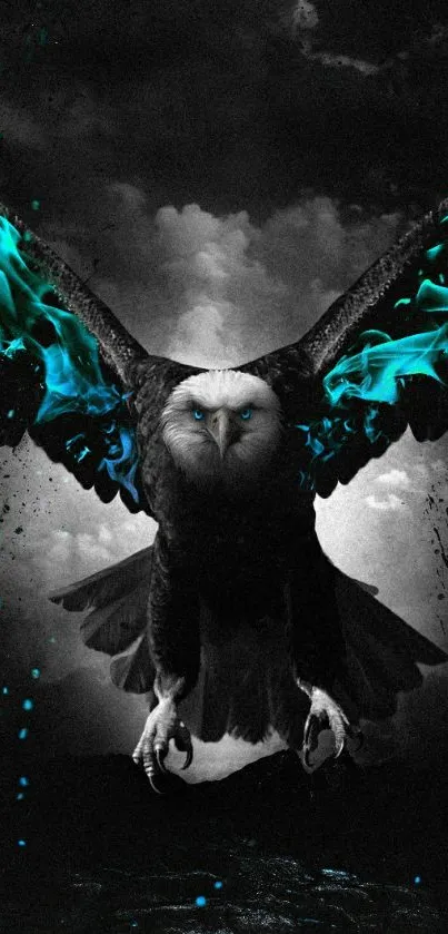 A mystical owl with glowing blue wings against a dark sky.