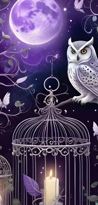Mystical owl on a cage under a glowing moon.