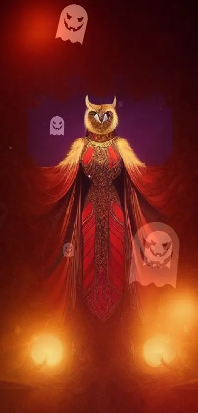 Mystical owl art with radiant red tones and detailed design.