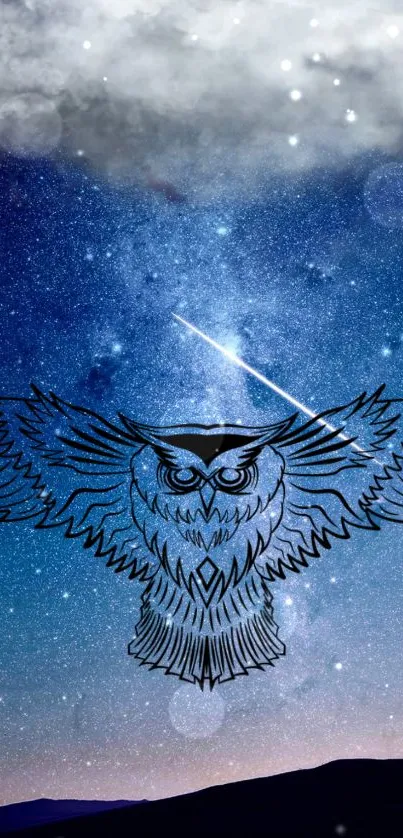 Mystical owl with spread wings under a starry night sky.