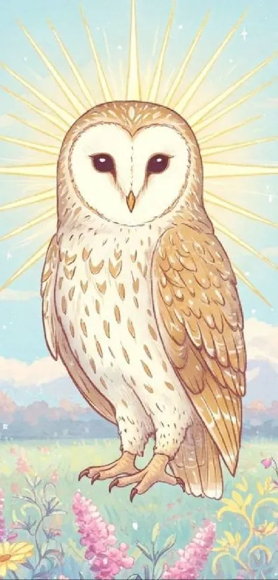 Artistic depiction of an owl in sunlight over a floral meadow.
