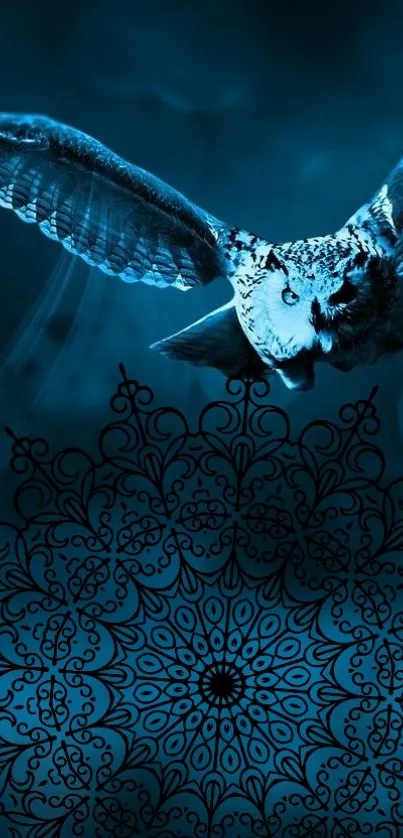 Mystical owl flying over intricate mandala design in blue tones.