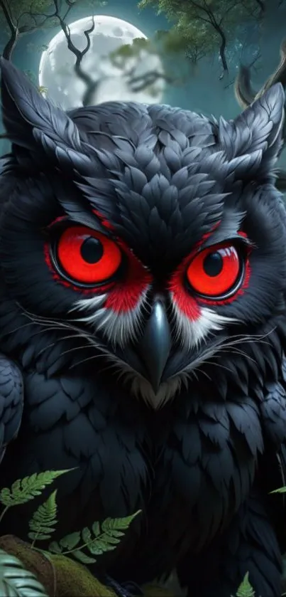 Owl with vivid red eyes against a mystical forest backdrop.