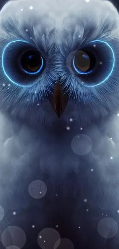 Mystical white owl with glowing blue eyes against a dark background.