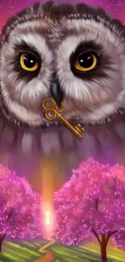 Owl with key under a pink moonlit sky and cherry trees.