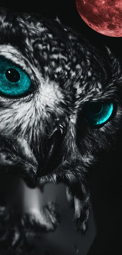 Mystical owl with teal eyes under a red moon on a dark background.