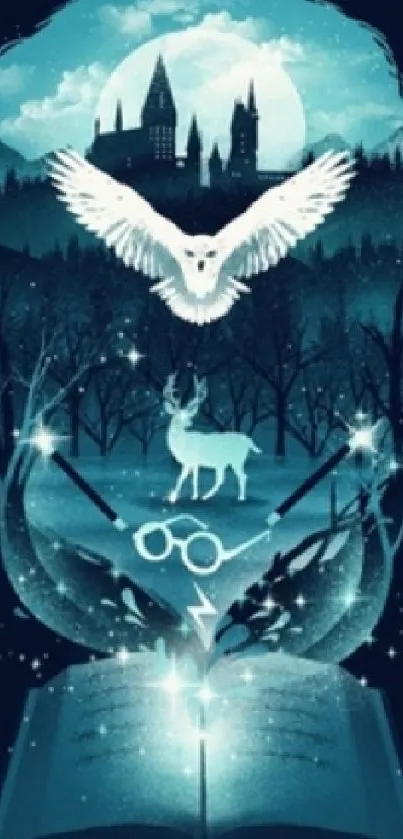 Magical night scene with an owl and glowing forest elements.