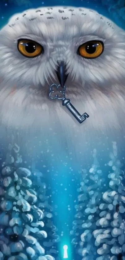 Mystical owl holds a key under moonlight in snowy forest scene.