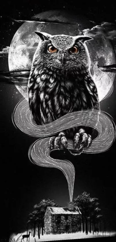 Mystical owl over forest with moon night wallpaper.