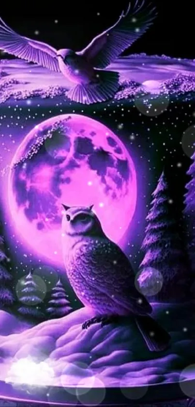 Purple mystical owl night wallpaper with moonlit forest scene.