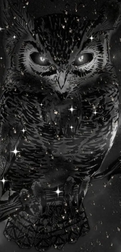 Black and white owl with starry night background on mobile wallpaper.