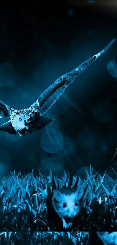 A mystical night scene with an owl, lightning, and feathers in vivid blue tones.