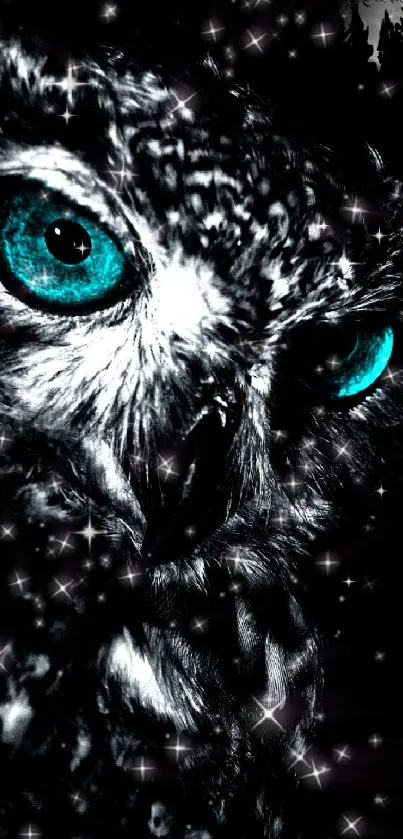 Mystical owl with turquoise eyes and a full moon background.