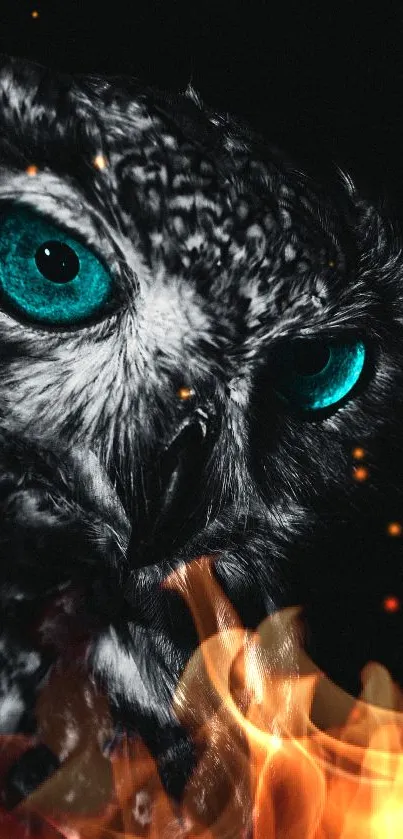 Mystical owl with turquoise eyes in dark setting, perfect for mobile wallpaper.