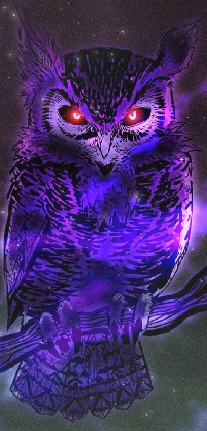 Mystical glowing purple owl on branch, digital art wallpaper.