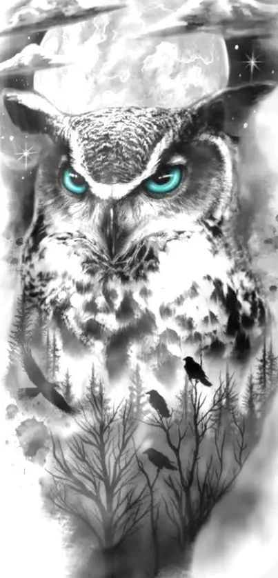 Mystical owl with blue eyes and forest background on phone wallpaper.