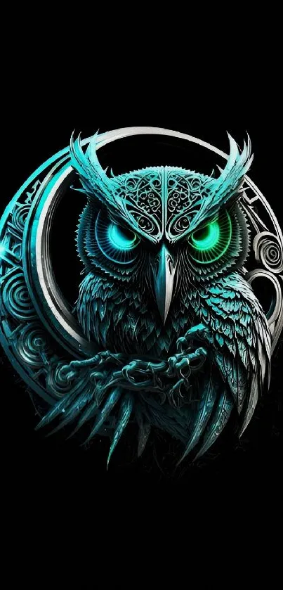 Mystical owl with teal and green details on a dark background wallpaper.