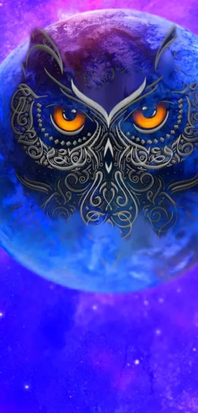 Mystical owl on a cosmic purple background.