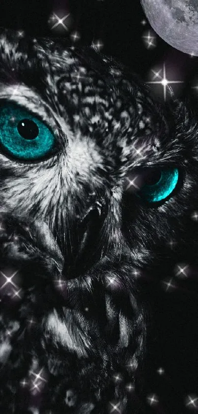 Mystical owl with blue eyes under a moonlit sky, surrounded by stars.