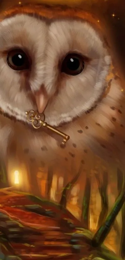 Owl with a golden key against a moonlit forest path wallpaper.