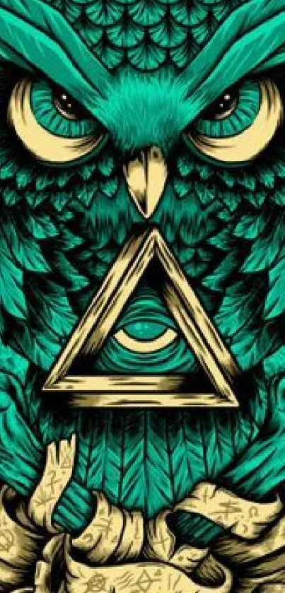 Mystical owl with triangle design on teal background