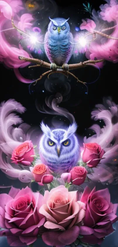 Mystical owls perched on pink roses with glowing effects.