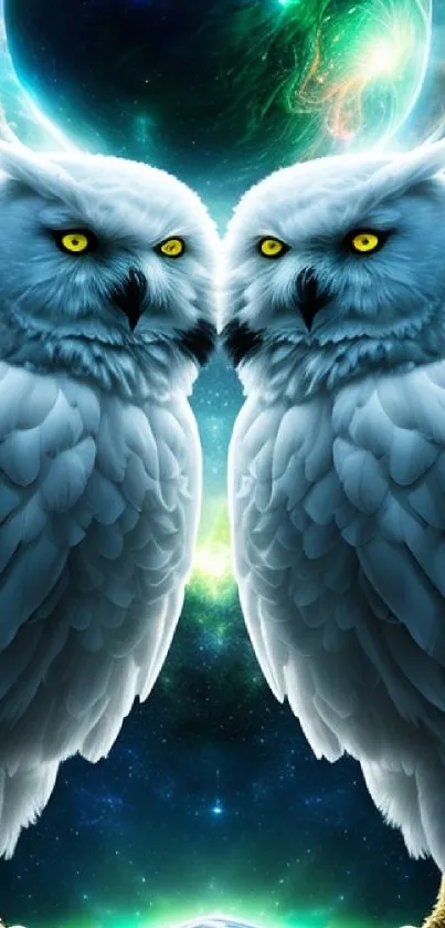 Mystical celestial owl art with glowing eyes against a cosmic background.