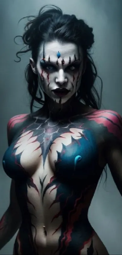 Mystical woman with body paint in moody lighting.