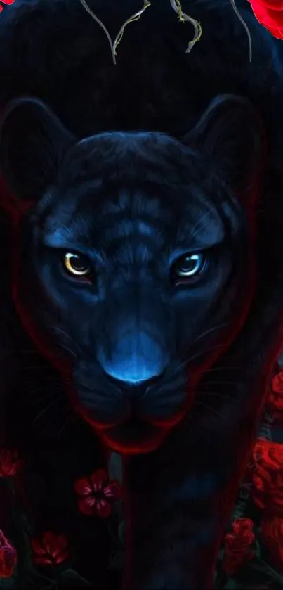 Mystical panther surrounded by red roses.