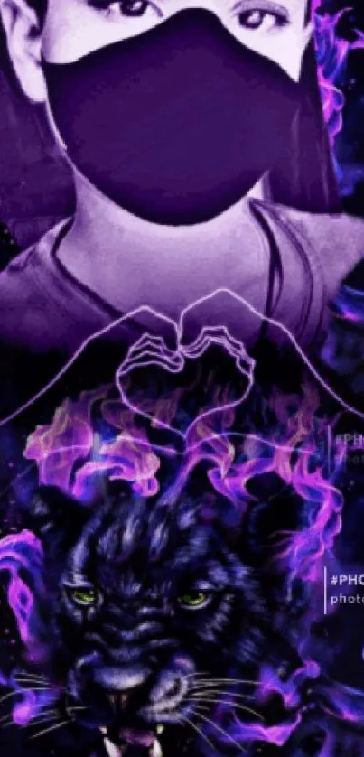 Mobile wallpaper of a mystical panther with purple flames and a masked figure.