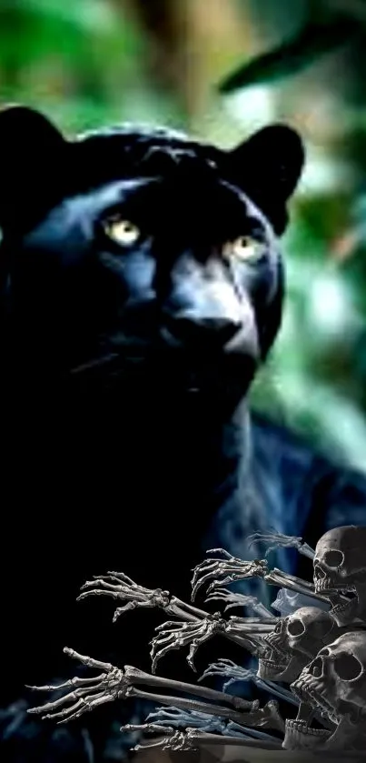 Black panther with skeleton hands in a forest background wallpaper.