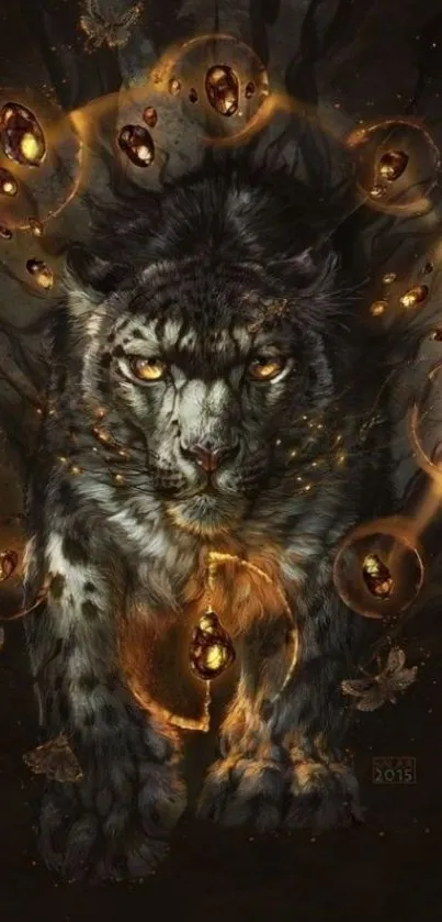 Mystical panther with golden orbs in dramatic artwork.