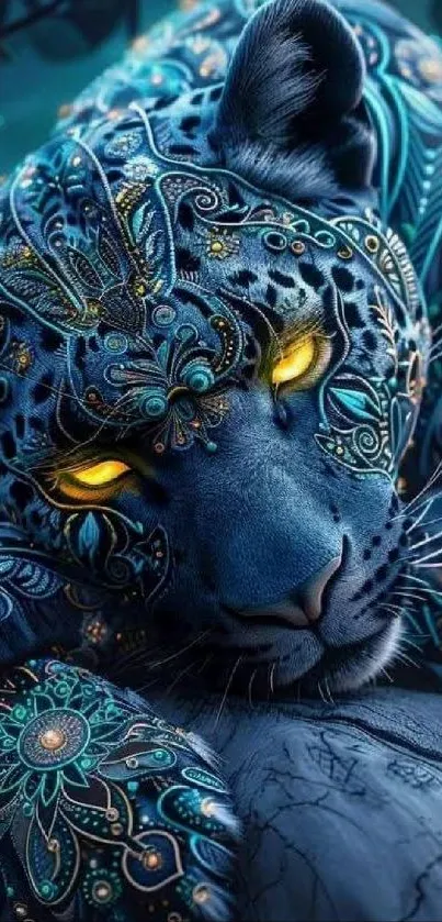 Mystical blue panther with glowing eyes and intricate patterns.