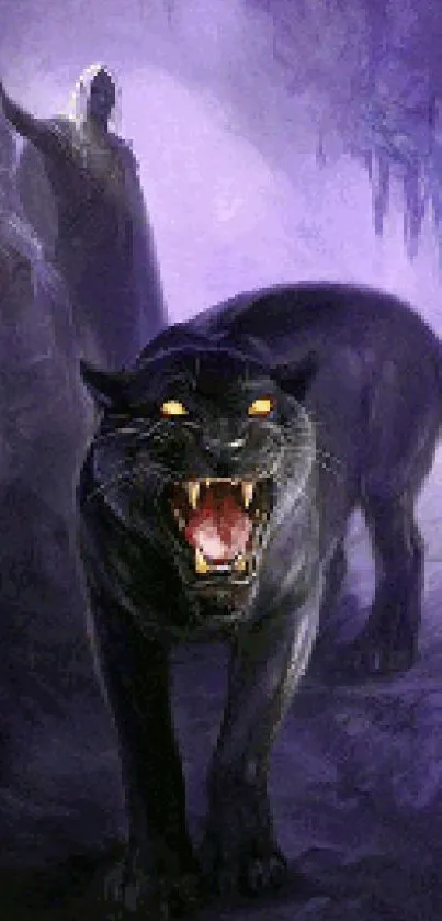 Panther with mystical figure and purple hues wallpaper.