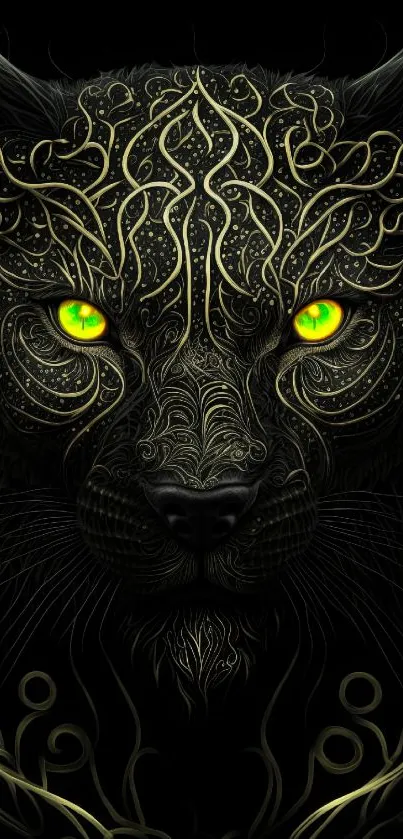 Intricate mystical panther with glowing eyes on black background.