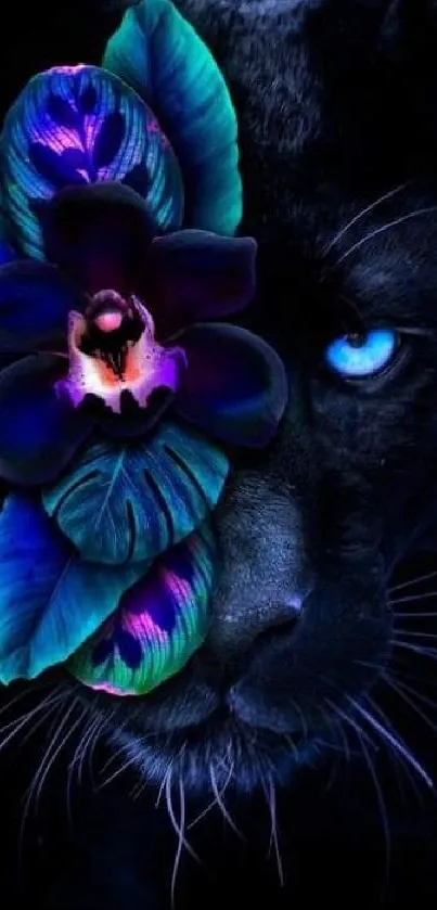 Mystical panther with vibrant floral art mobile wallpaper.