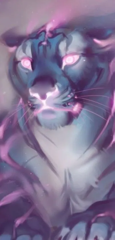 Mystical panther with glowing eyes in blue and purple hues, digital art wallpaper.