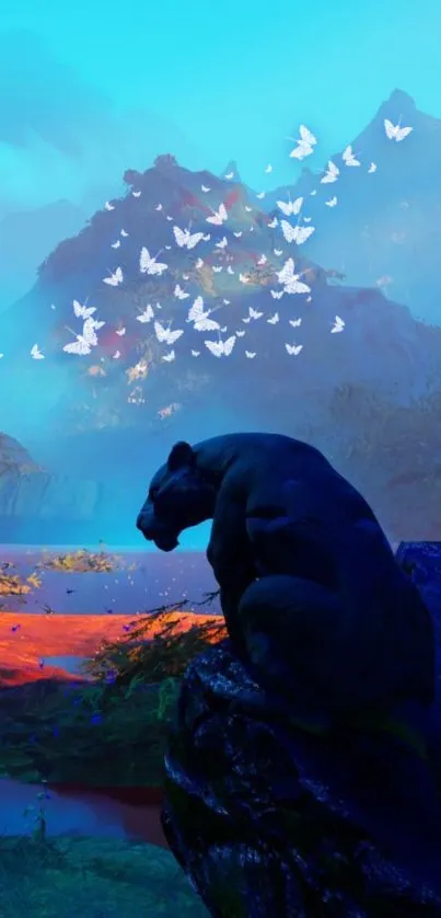 Panther with butterflies in a mystical landscape, vibrant and serene.