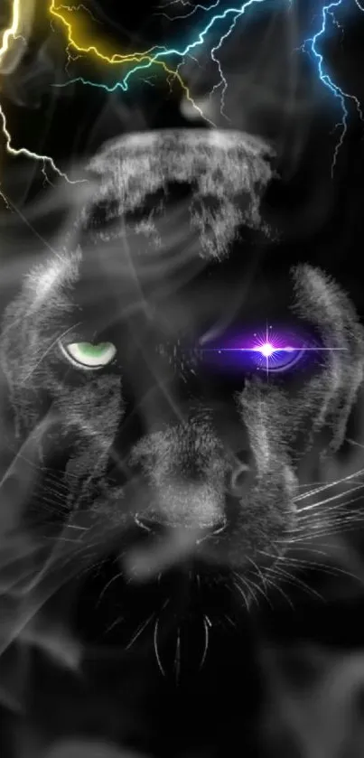 Black panther with colorful lightning in a mystical digital artwork.